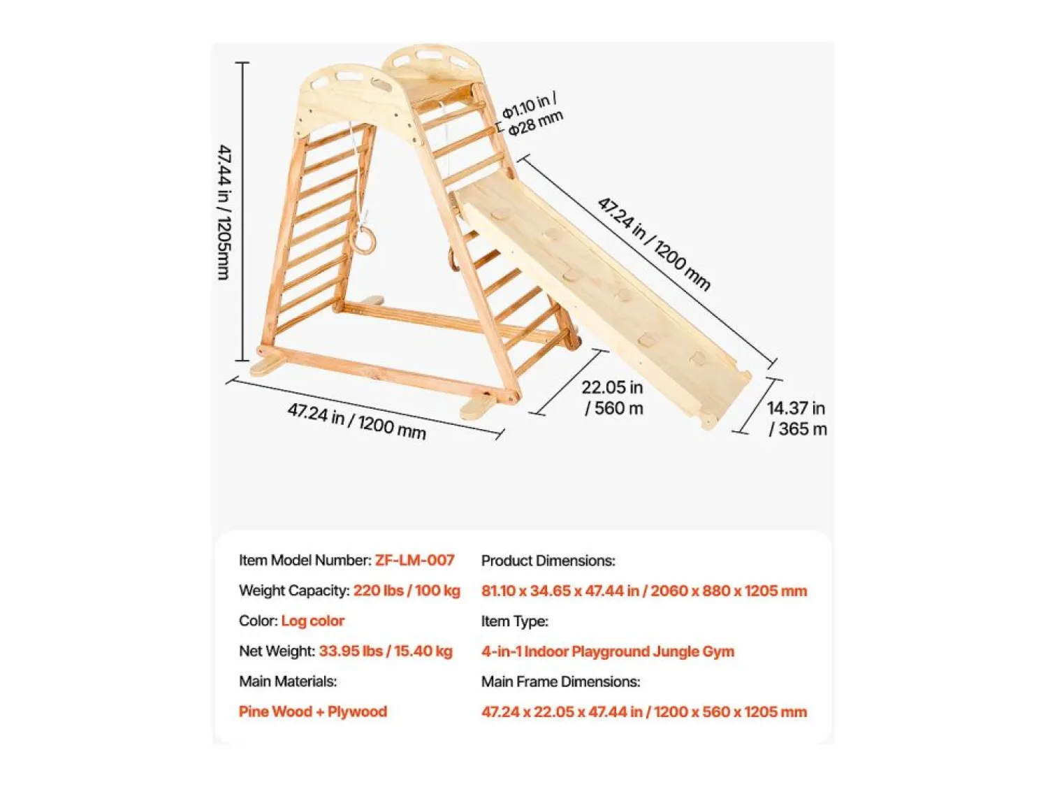 Área de Juegos Interior SucceBuy de Madera 4-en-1, con Pared de Escalada, Tobogán, Escalera de Madera y Anillos de Gimnasia, Estructura de Juegos