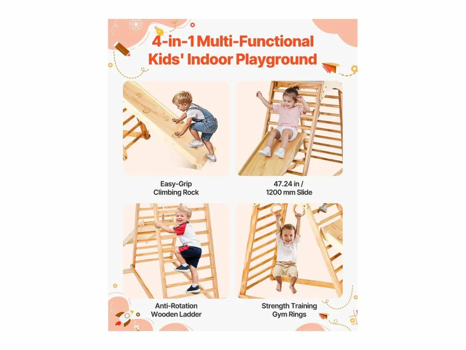 Área de Juegos Interior SucceBuy de Madera 4-en-1, con Pared de Escalada, Tobogán, Escalera de Madera y Anillos de Gimnasia, Estructura de Juegos
