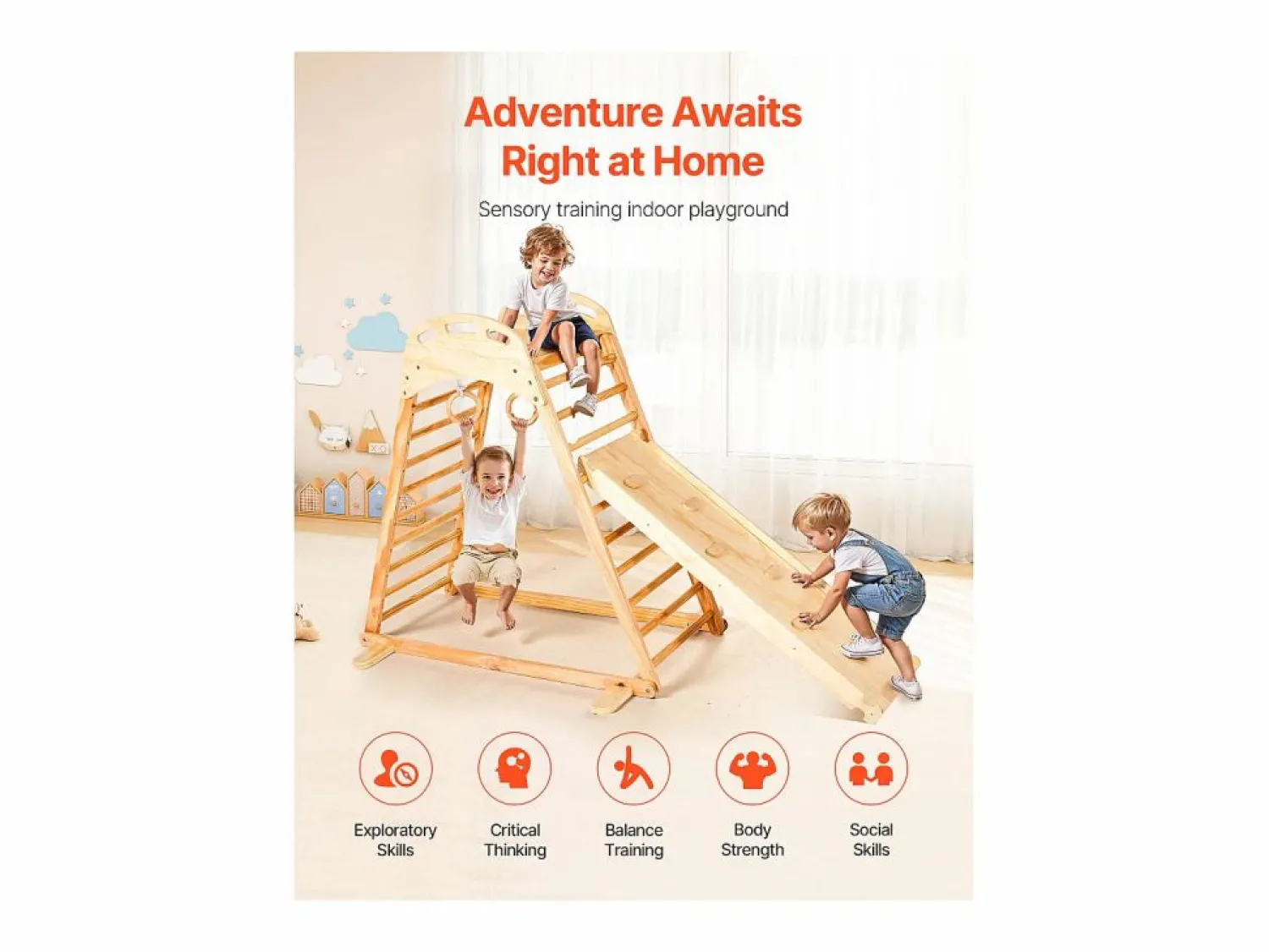 Área de Juegos Interior SucceBuy de Madera 4-en-1, con Pared de Escalada, Tobogán, Escalera de Madera y Anillos de Gimnasia, Estructura de Juegos