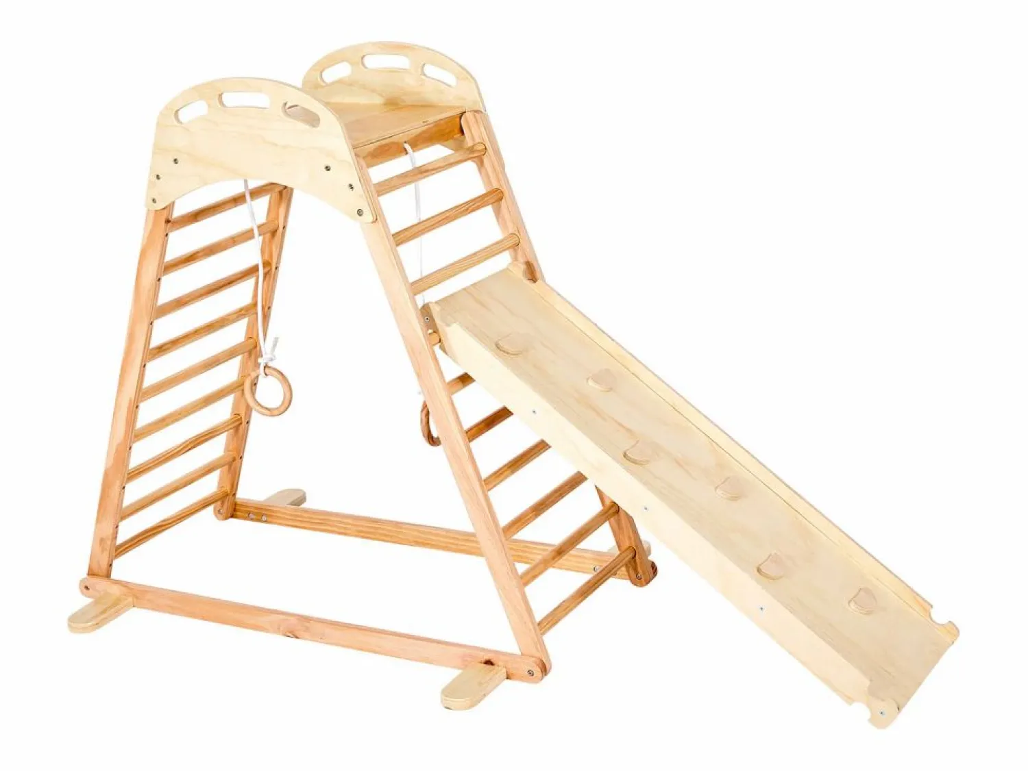 Área de Juegos Interior SucceBuy de Madera 4-en-1, con Pared de Escalada, Tobogán, Escalera de Madera y Anillos de Gimnasia, Estructura de Juegos