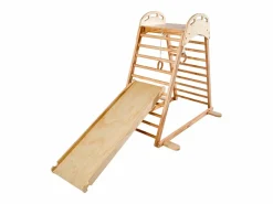 Área de Juegos Interior SucceBuy de Madera 4-en-1, con Pared de Escalada, Tobogán, Escalera de Madera y Anillos de Gimnasia, Estructura de Juegos