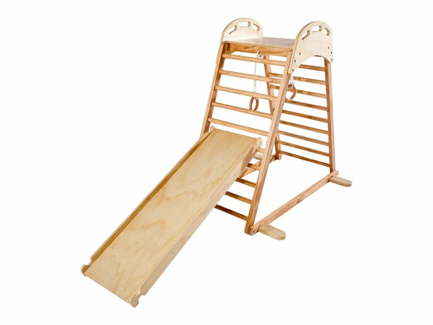 Área de Juegos Interior SucceBuy de Madera 4-en-1, con Pared de Escalada, Tobogán, Escalera de Madera y Anillos de Gimnasia, Estructura de Juegos
