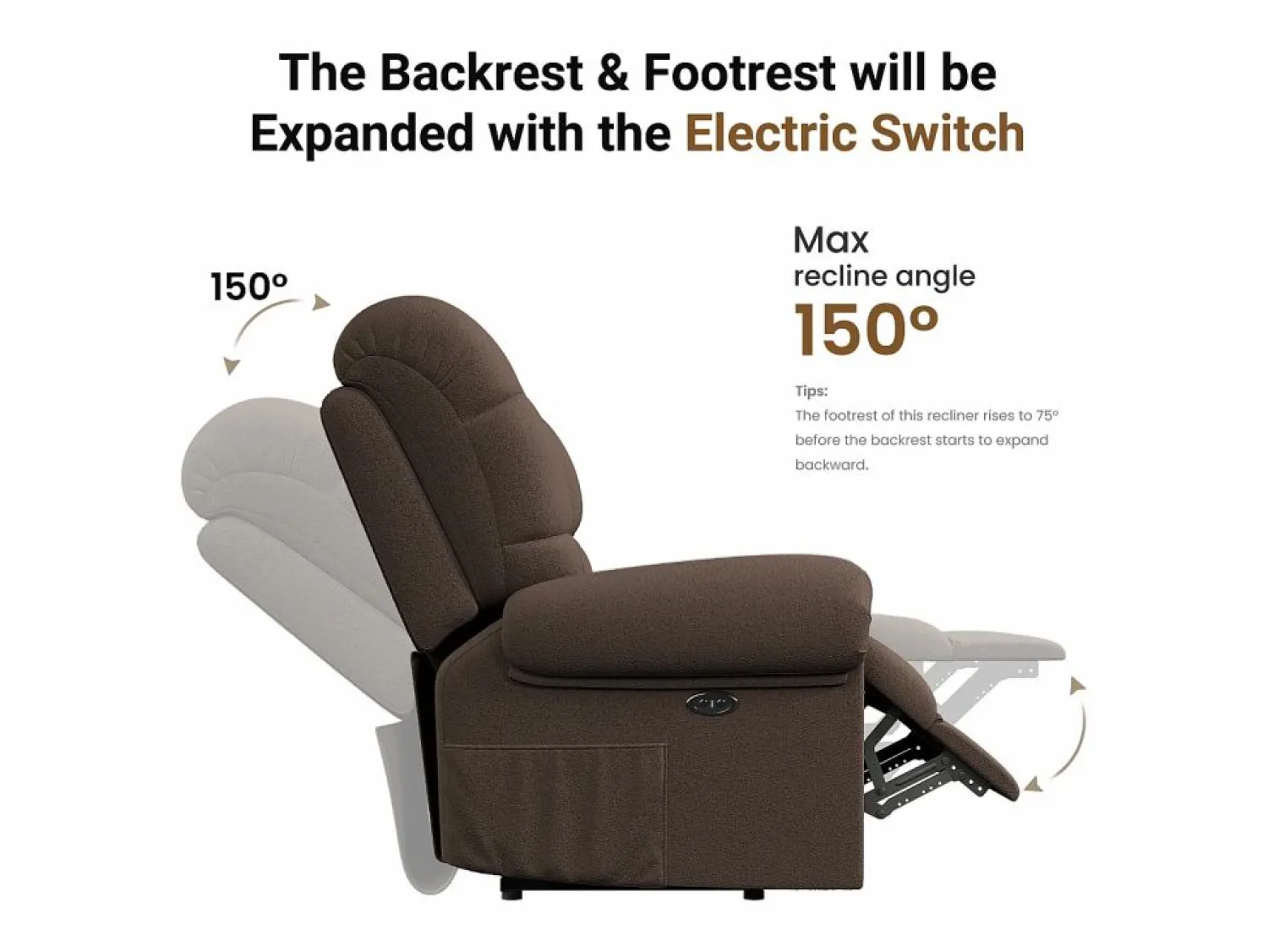 DripeX Relájate sillón de terciopelo eléctrico de teddy, silla de ocio ajustable con USB, anti -estatal con reposapiés - 96x97x104cm marrón