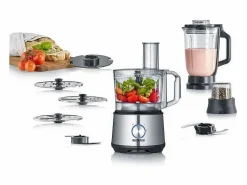 Severin Robot multifuncional KM3892 1200W inox/negro con licuadora 1,5L, 3 discos 2-en-1, molinillo de especias y gancho amasador
