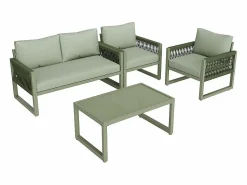 DripeX Salón de jardín 4 plazas metal: 1 sofá 2 plazas, 2 sillones y mesa centro vidrio templado -