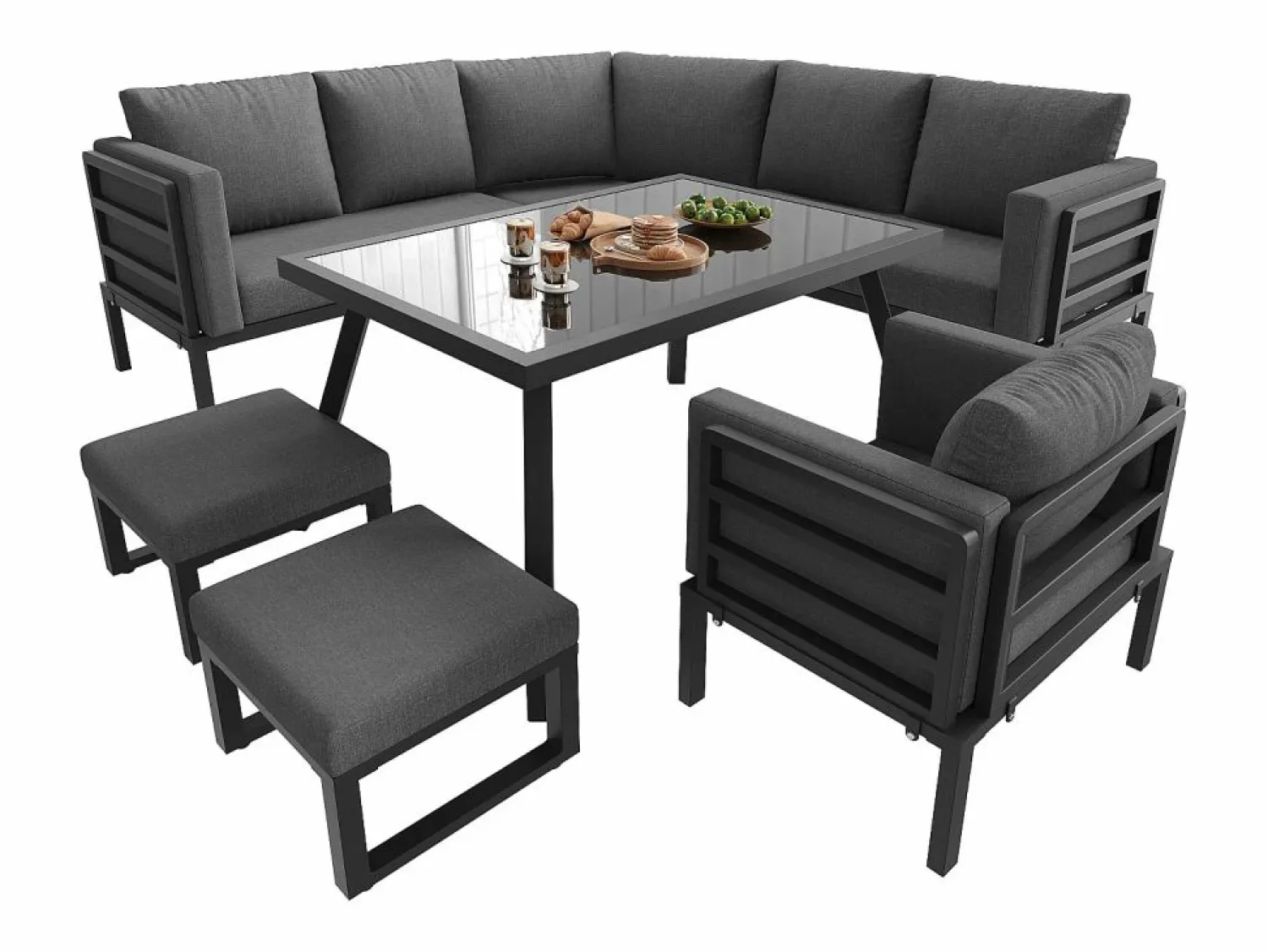 ModernLuxe Salón de jardín, conjunto de muebles para 8 plazas, en hierro galvanizado, 1 sillón y 2 taburetes, sofá de esquina, mesa de comedor, Gris