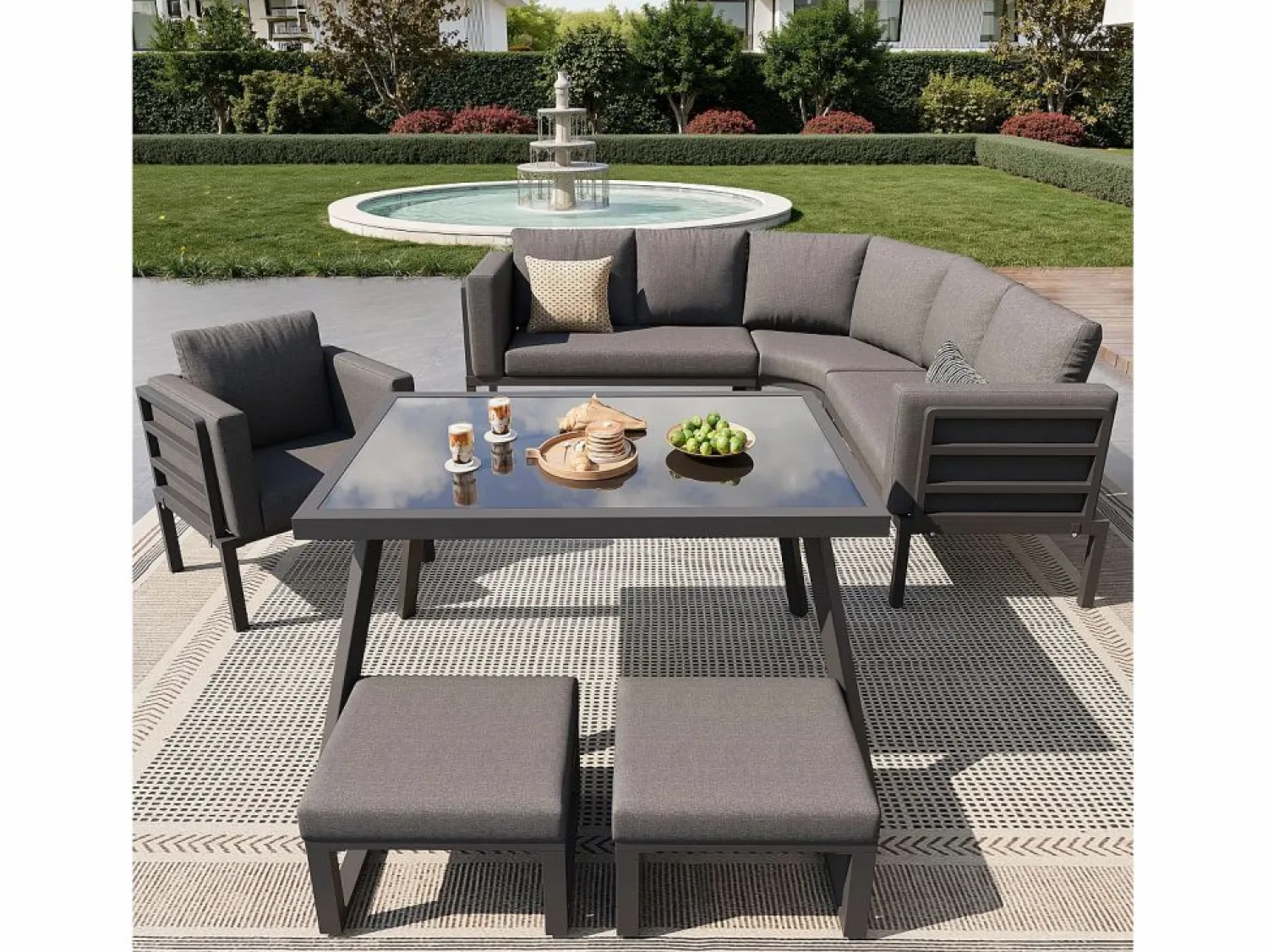 ModernLuxe Salón de jardín, conjunto de muebles para 8 plazas, en hierro galvanizado, 1 sillón y 2 taburetes, sofá de esquina, mesa de comedor, Gris