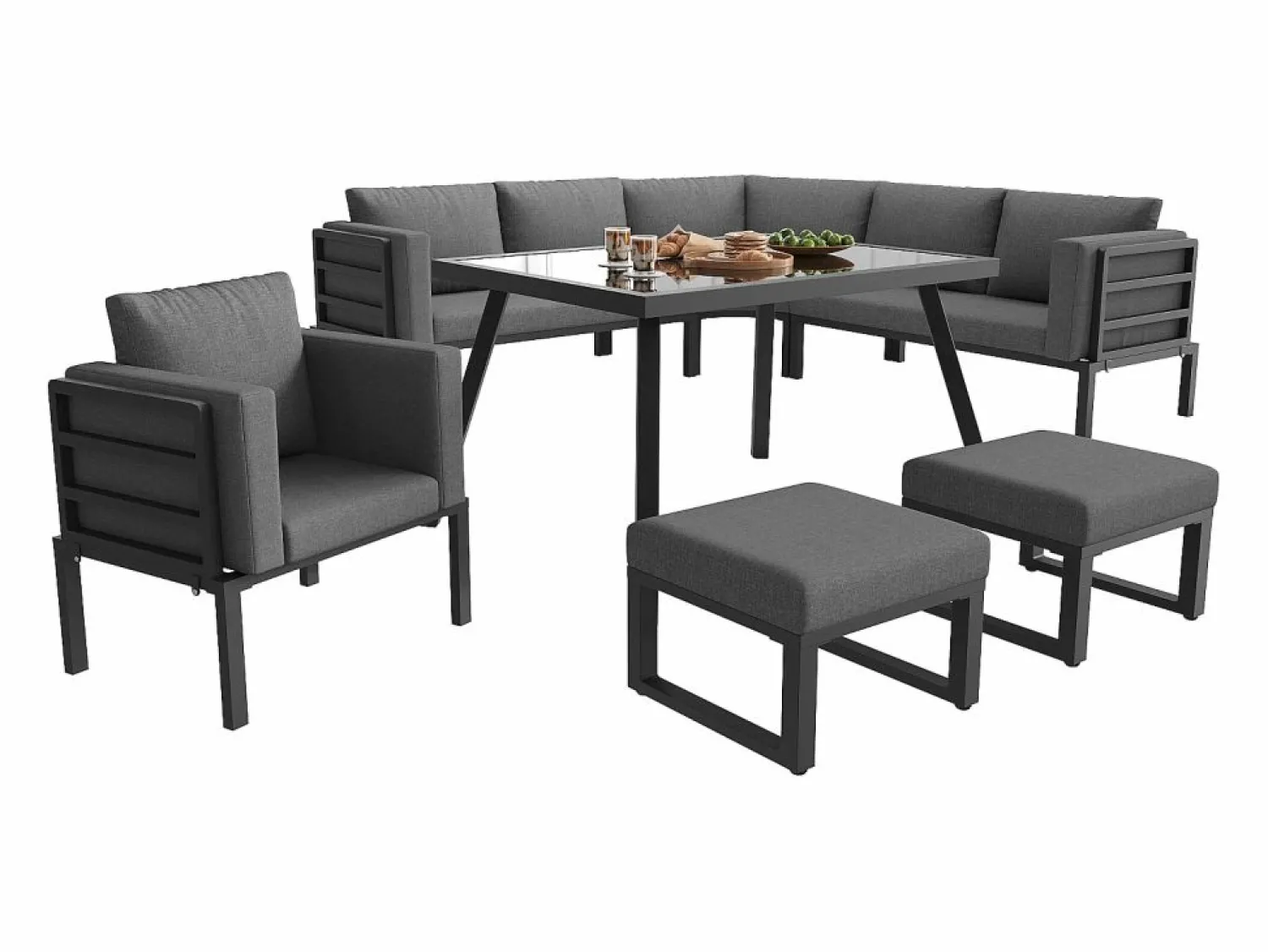 ModernLuxe Salón de jardín, conjunto de muebles para 8 plazas, en hierro galvanizado, 1 sillón y 2 taburetes, sofá de esquina, mesa de comedor, Gris
