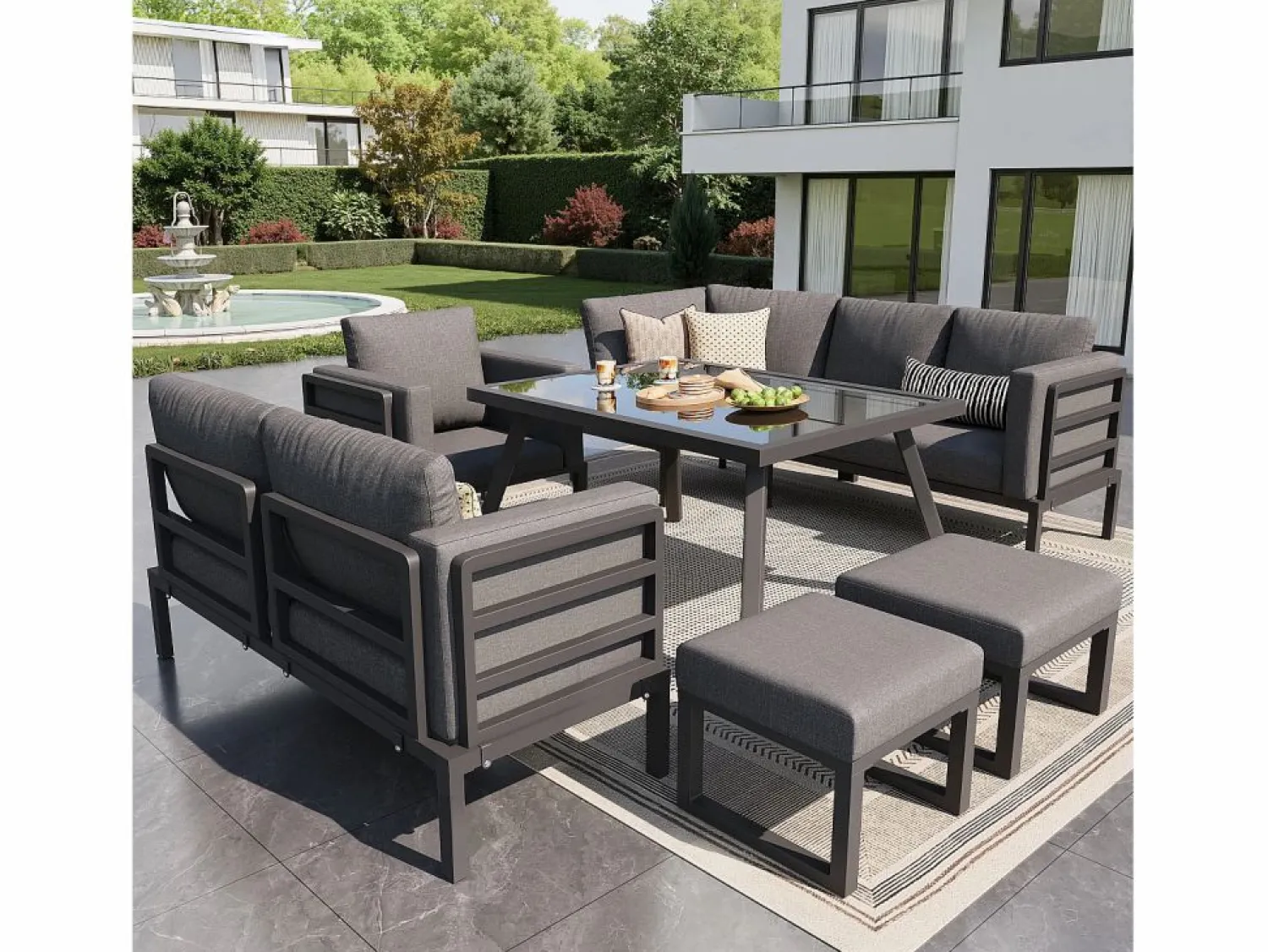 ModernLuxe Salón de jardín, conjunto de muebles para 8 plazas, en hierro galvanizado, 1 sillón y 2 taburetes, sofá de esquina, mesa de comedor, Gris