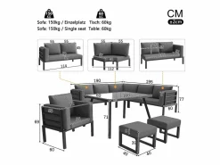 ModernLuxe Salón de jardín, conjunto de muebles para 8 plazas, en hierro galvanizado, 1 sillón y 2 taburetes, sofá de esquina, mesa de comedor, Gris