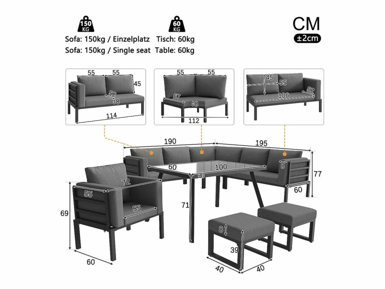 ModernLuxe Salón de jardín, conjunto de muebles para 8 plazas, en hierro galvanizado, 1 sillón y 2 taburetes, sofá de esquina, mesa de comedor, Gris