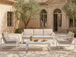 MYLIA Salón de jardín de aluminio: 1 sofá de 3 plazas y 1 mesa de centro - con cojines beige - LOMIA de