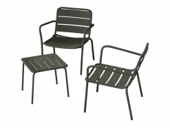 MYLIA Salón de jardín de metal : 2 sillones bajos apilables y 1 mesa auxiliar cuadrada