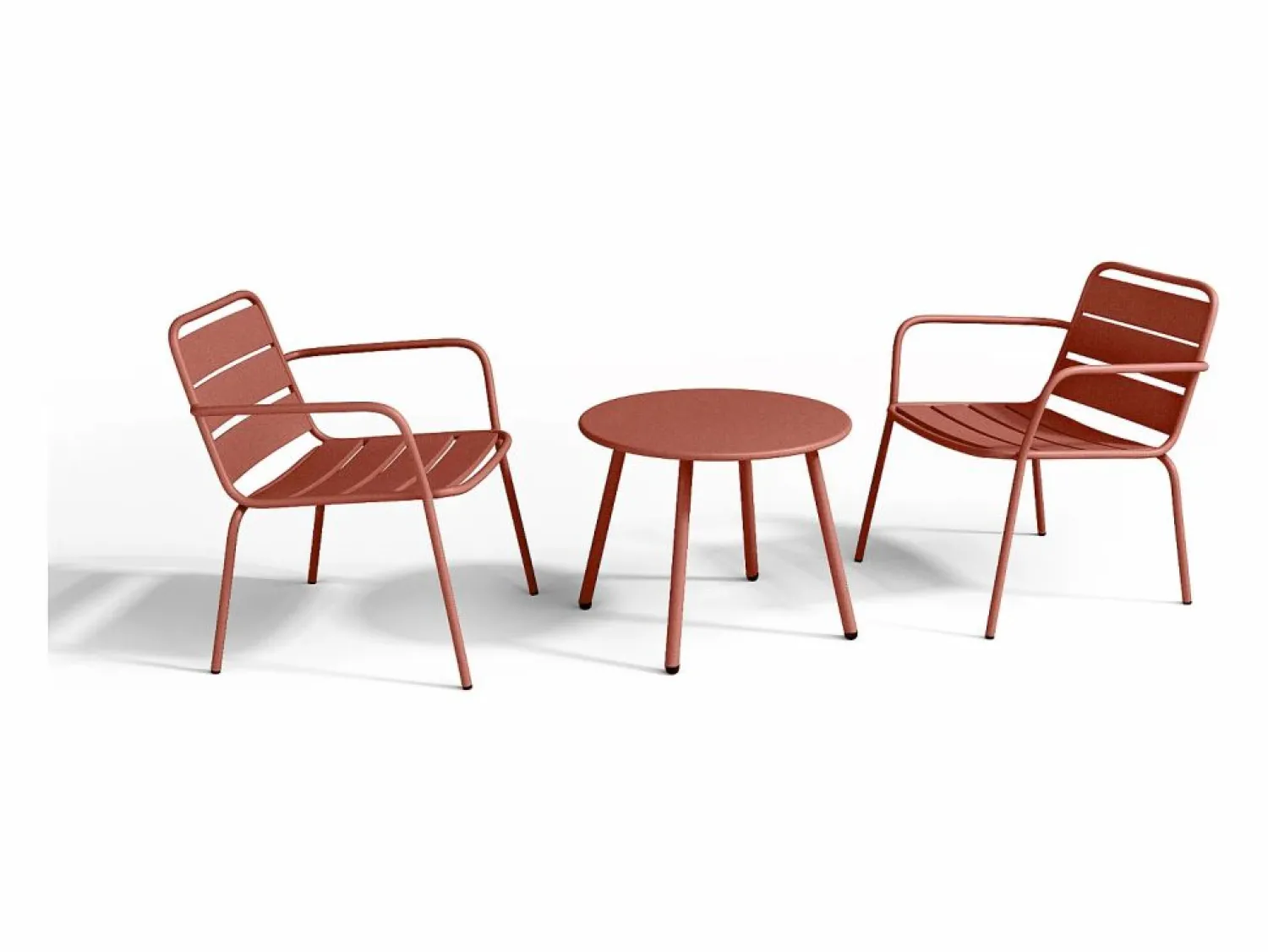 New MYLIA Salón de jardín de metal : 2 sillones bajos apilables y una mesa auxiliar Terracota