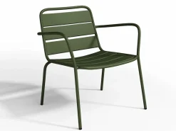 Sale MYLIA Salón de jardín de metal verde kaki: 2 sillones bajos apilables y una mesa auxiliar Caqui