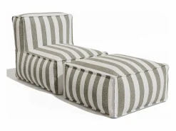 Outlet MYLIA Salón de jardín en tela bouclé para 2 personas: 1 sillón y un puf - Rayas blancas y beige - NOUMARA de Beige / Blanco