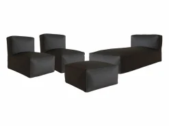MYLIA Salón de jardín en tela bouclé 4 plazas: 1 Chaise longue, 2 sillones y un puf - Rayas blancas y beige - NOUMARA de