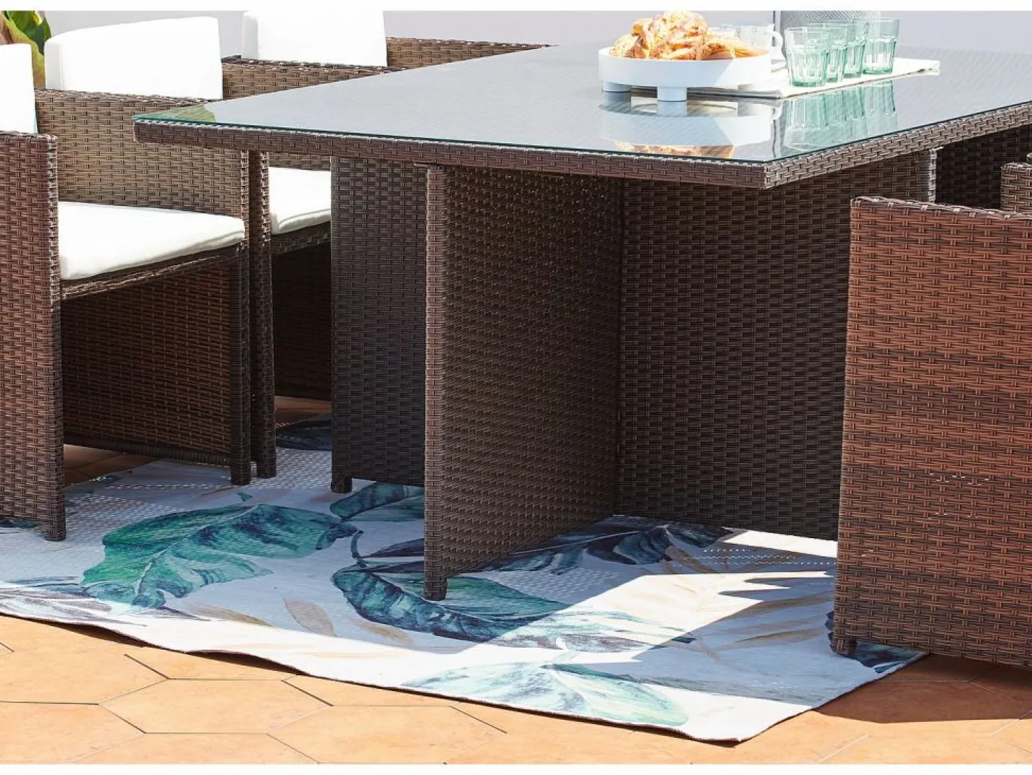 Clearance Concept-Usine Salón de jardín encastrable 10 plazas de resina trenzada marrón/ blanco MIAMI Marru00f3n