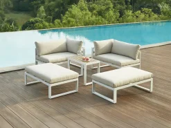 MYLIA Salón de jardín modular de aluminio - Blanco con cojines beige - NOLLAY de