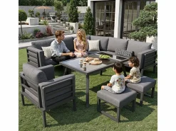 Outlet Salón de jardín modular metal: 1 sofá 5 plazas panorámico, 1 sillón, 2 taburetes y mesa centro - Salones De Jardín