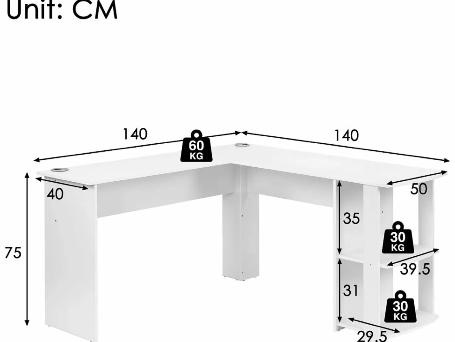 ModernLuxe Scrivania angolare a L da 140 cm con 2 ripiani - Bianca