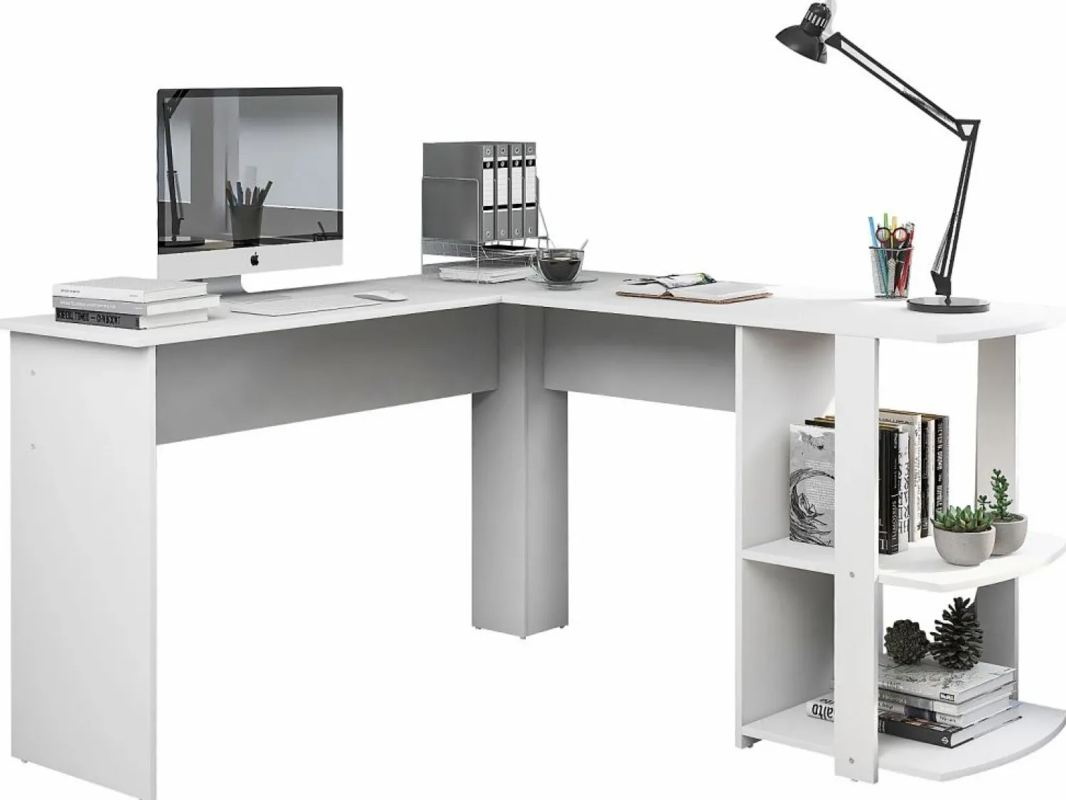 ModernLuxe Scrivania angolare a L da 140 cm con 2 ripiani - Bianca