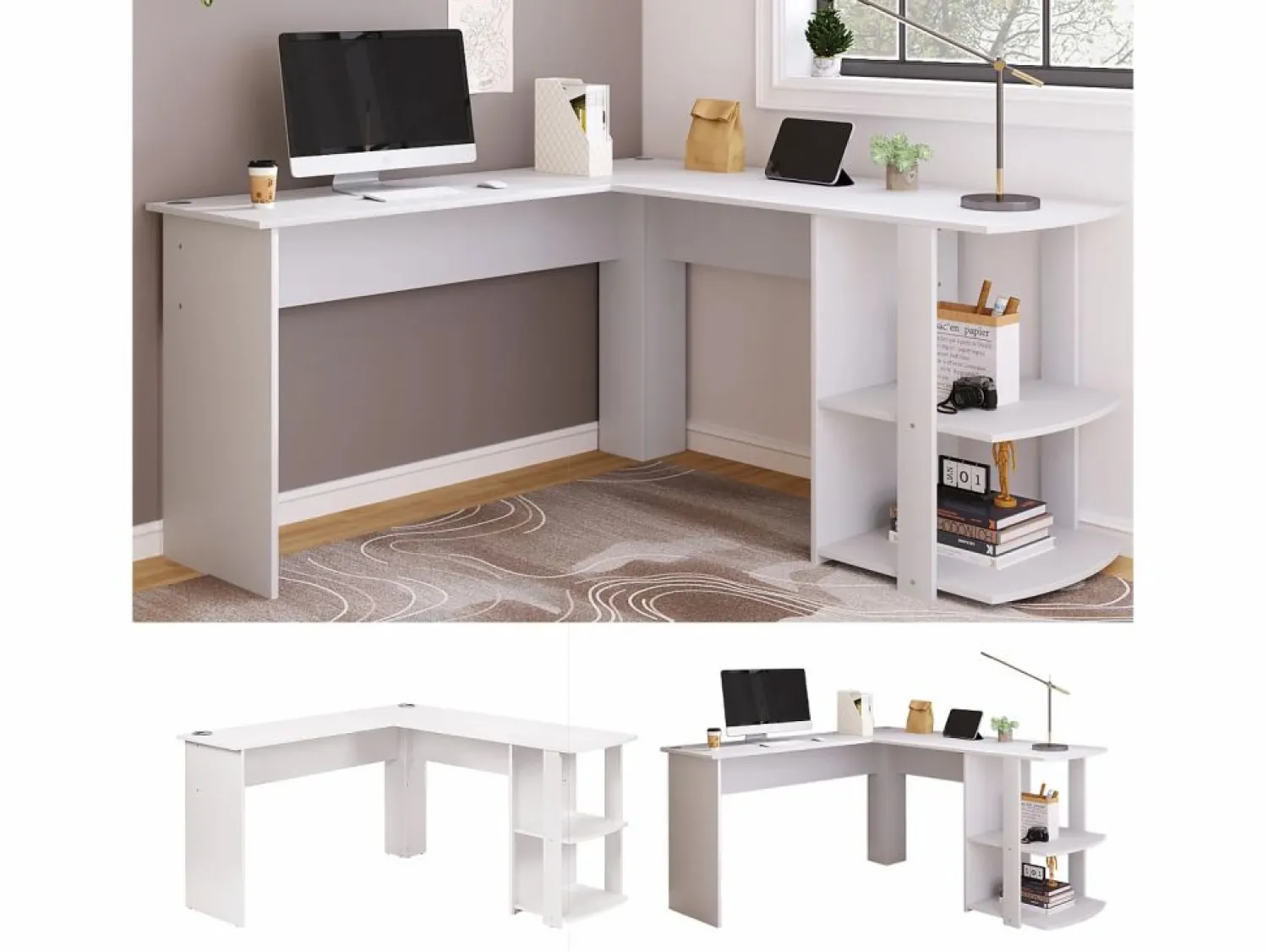 ModernLuxe Scrivania angolare a L da 140 cm con 2 ripiani - Bianca