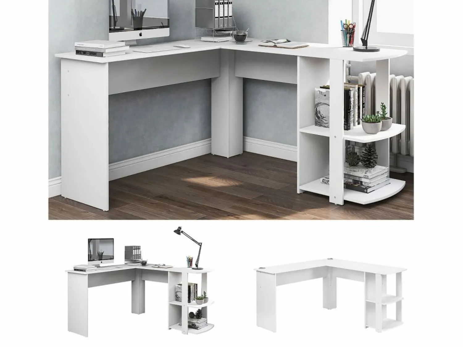 ModernLuxe Scrivania angolare a L da 140 cm con 2 ripiani - Bianca