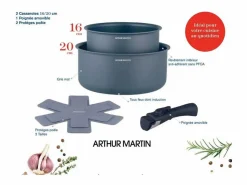 Arthur Martin Set de 2 cacerolas antiadherentes AM2984 Ø16-20 cm, mango desmontable, para todo tipo de fuegos incluyendo inducción, gris mate