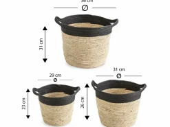 VS Venta-stock Set de 3 cestas Otilia de fibra natural y papel, /beige con asas Negro
