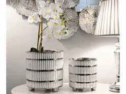 Set de 2 jarrones de cerámica blanca con decoraciones en plata Ray