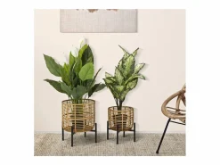Online Set de 2 portamacetas redondos de ratán con soporte de metal negro Zeyok Macetero