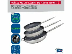 Clearance Elo Set de 3 Sartenes de Acero Inoxidable 18/10 DUR® sin PFAS Ø24-28-32 cm con Tapas de Vidrio – Todos los Fuegos, Inducción, Fondo Capsulado Eco