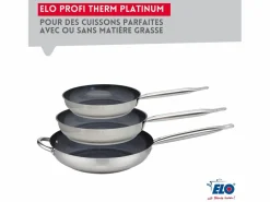 Clearance Elo Set de 3 Sartenes de Acero Inoxidable 18/10 DUR® sin PFAS Ø24-28-32 cm con Tapas de Vidrio – Todos los Fuegos, Inducción, Fondo Capsulado Eco