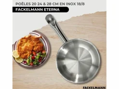Set de 3 sartenes de acero inoxidable Eterna 20-24-28 cm, compatibles con inducción, mangos remachados, cocción homogénea Material Y Utensilios De Cocina