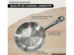 Set de 3 sartenes de acero inoxidable Eterna 20-24-28 cm, compatibles con inducción, mangos remachados, cocción homogénea Material Y Utensilios De Cocina