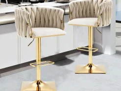 New Set de 2 Taburetes de Bar Trenzados - Patas de Metal Dorado - Reposapiés - Altura Ajustable - Giro 360° - Ideal para Cocina, Salón o Bar Muebles De Bar|Taburete Alto