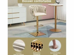 New Set de 2 Taburetes de Bar Trenzados - Patas de Metal Dorado - Reposapiés - Altura Ajustable - Giro 360° - Ideal para Cocina, Salón o Bar Muebles De Bar|Taburete Alto