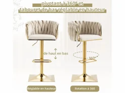 New Set de 2 Taburetes de Bar Trenzados - Patas de Metal Dorado - Reposapiés - Altura Ajustable - Giro 360° - Ideal para Cocina, Salón o Bar Muebles De Bar|Taburete Alto