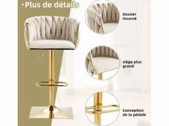 New Set de 2 Taburetes de Bar Trenzados - Patas de Metal Dorado - Reposapiés - Altura Ajustable - Giro 360° - Ideal para Cocina, Salón o Bar Muebles De Bar|Taburete Alto
