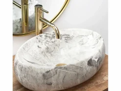 Rea Set Lavabo Sobre Encimera Linda Light Grey + Grifo De Baño Lungo Gold Lungo Gold High + Tapón Gold