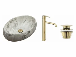 Rea Set Lavabo Sobre Encimera Linda Light Grey + Grifo De Baño Lungo Gold Lungo Gold High + Tapón Gold