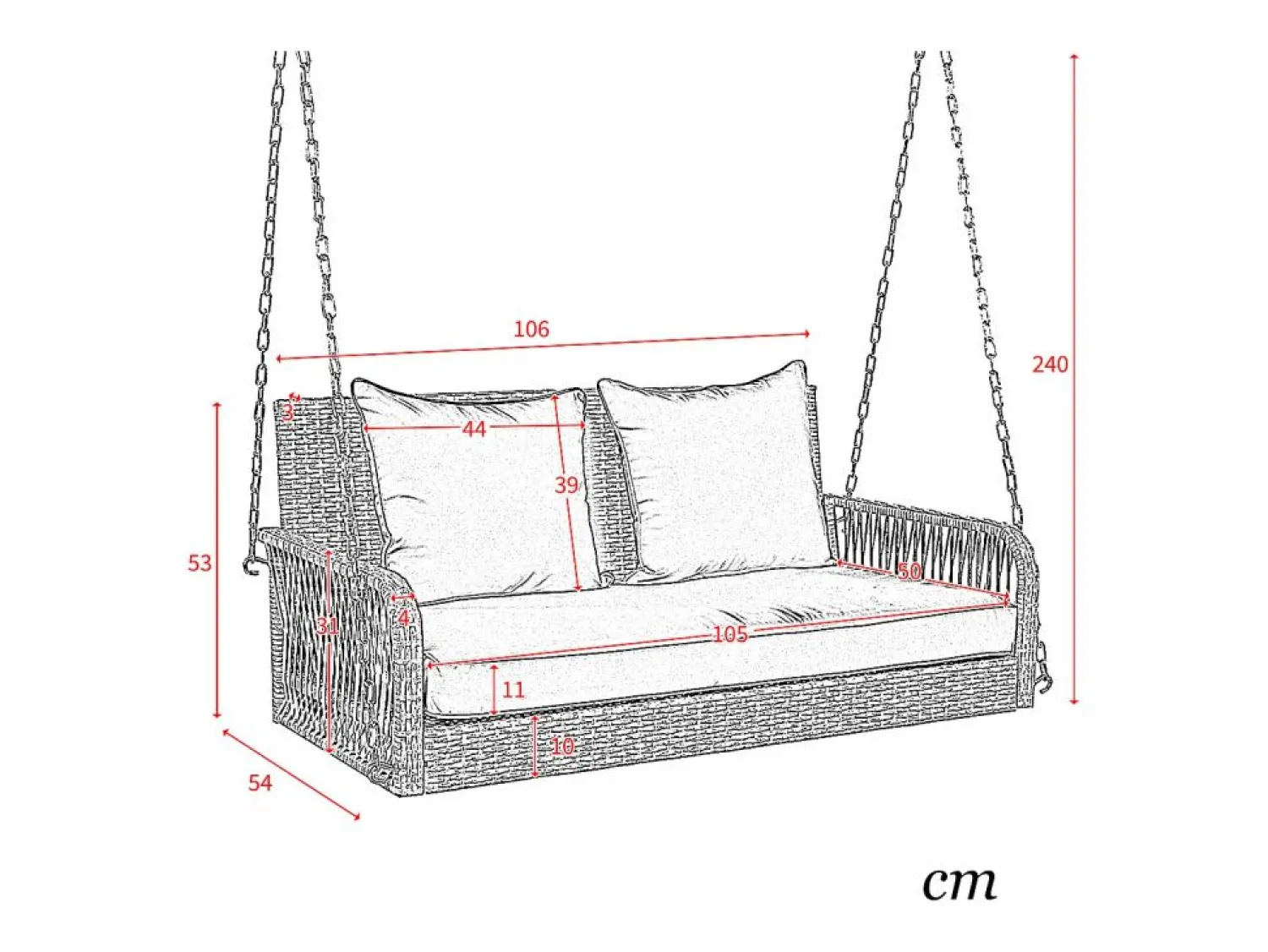 Merax Silla colgante de ratán PE 114 cm - 2 plazas - Cojín de asiento acolchado de 11 cm - Beige +