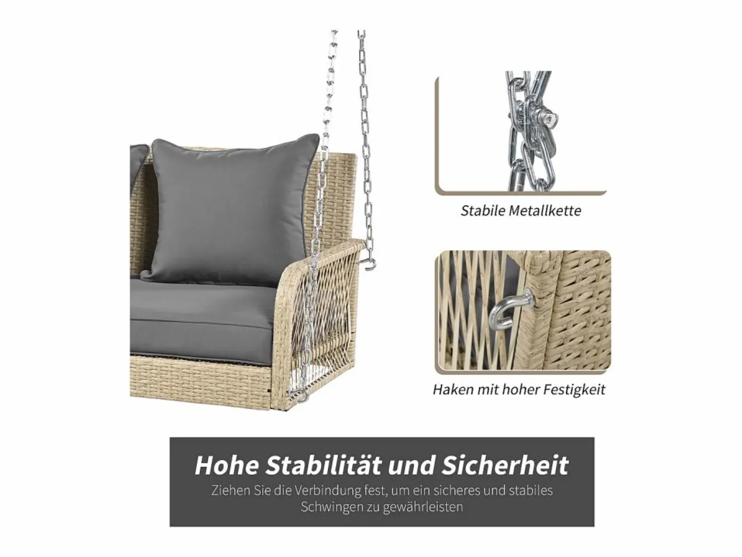 Merax Silla colgante de ratán PE 114 cm - 2 plazas - Cojín de asiento acolchado de 11 cm - Beige +