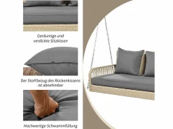Merax Silla colgante de ratán PE 114 cm - 2 plazas - Cojín de asiento acolchado de 11 cm - Beige +