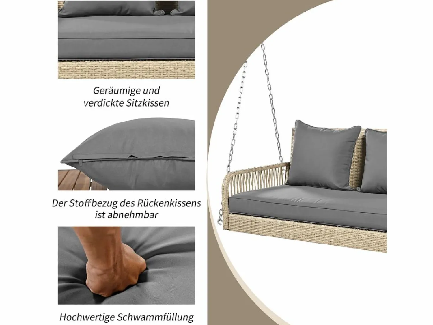 Merax Silla colgante de ratán PE 114 cm - 2 plazas - Cojín de asiento acolchado de 11 cm - Beige +