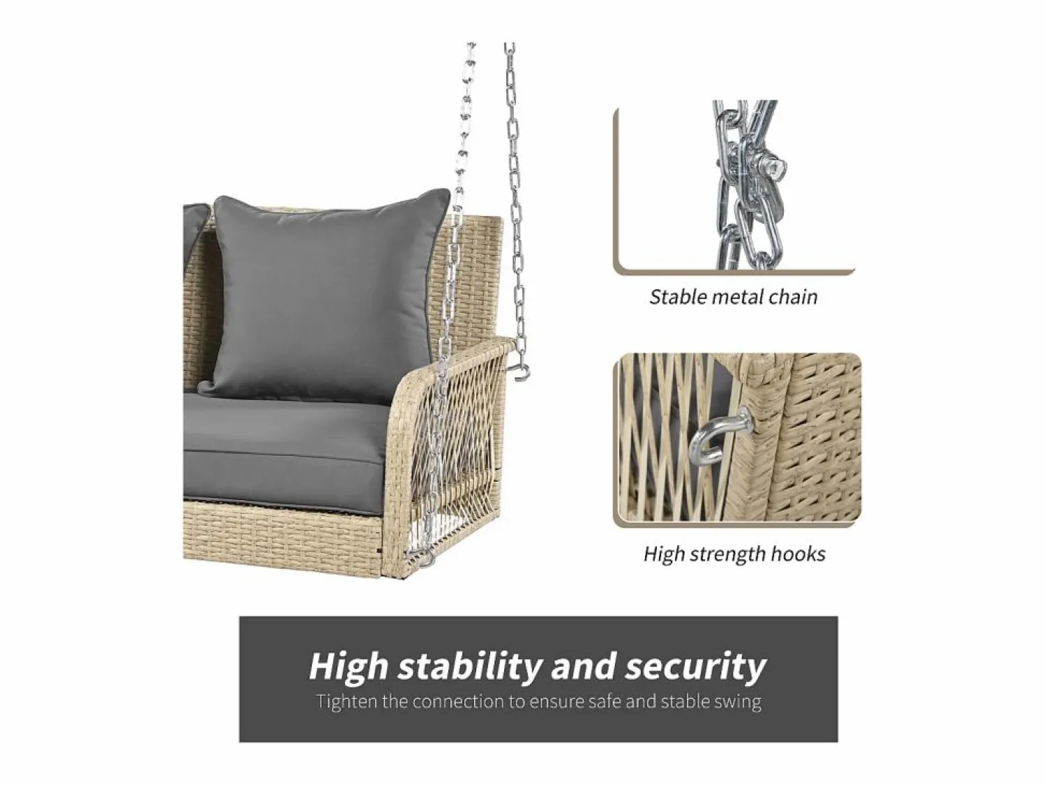 Merax Silla colgante de ratán PE 114 cm - 2 plazas - Cojín de asiento acolchado de 11 cm - Beige +