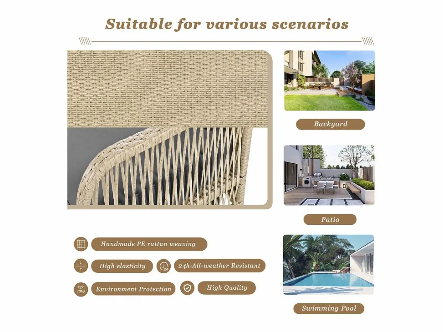 Merax Silla colgante de ratán PE 114 cm - 2 plazas - Cojín de asiento acolchado de 11 cm - Beige +