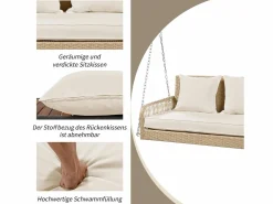 Merax Silla colgante de ratán PE 114 cm - 2 plazas - Cojín de asiento acolchado de 11 cm -
