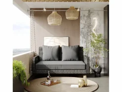 Merax Silla colgante de ratán PE 114 cm - 2 plazas - Cojín de asiento acolchado de 11 cm -